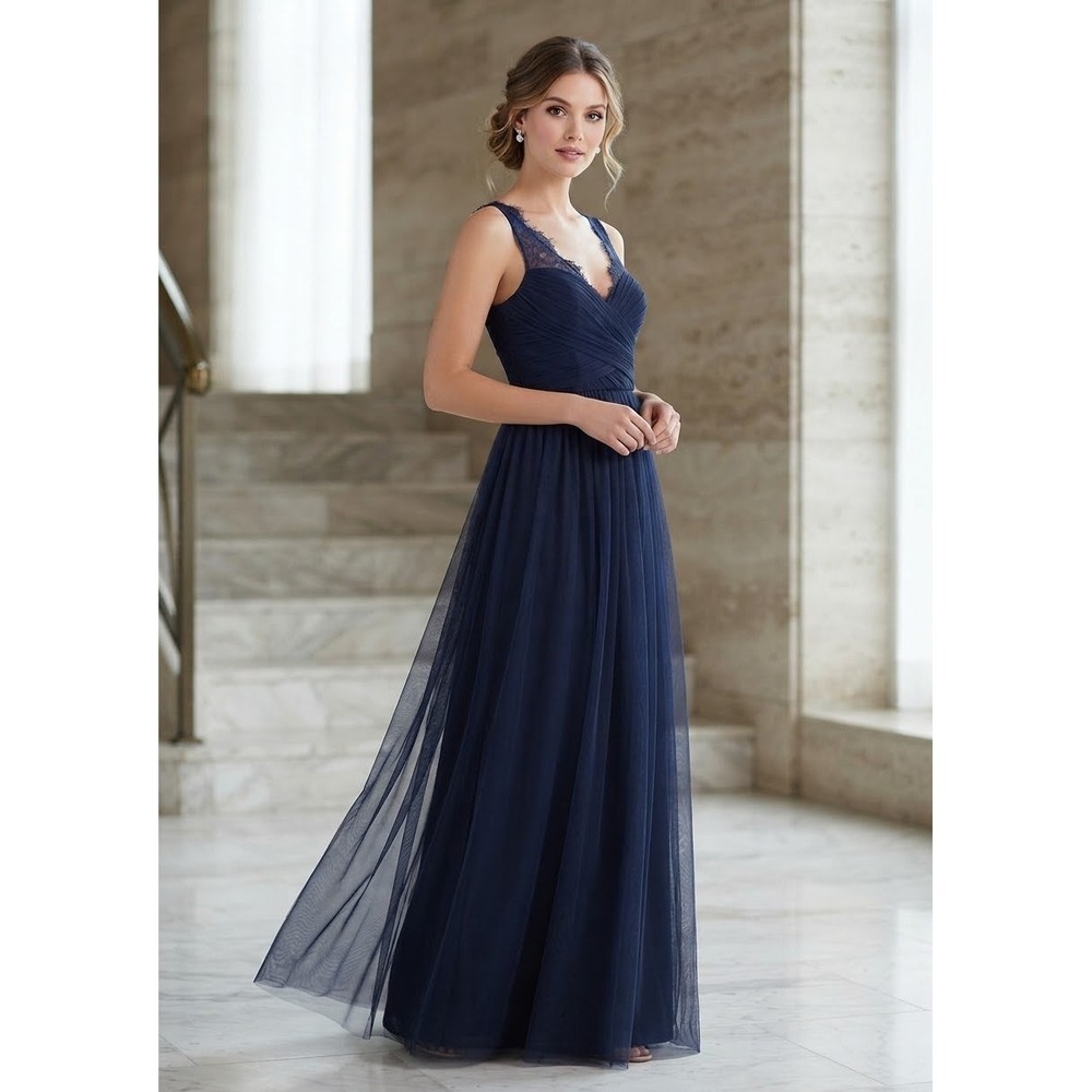 Anthropology Hiherto Blue Tulle Lace V-Neck Maxi Dress Formal Gown 8